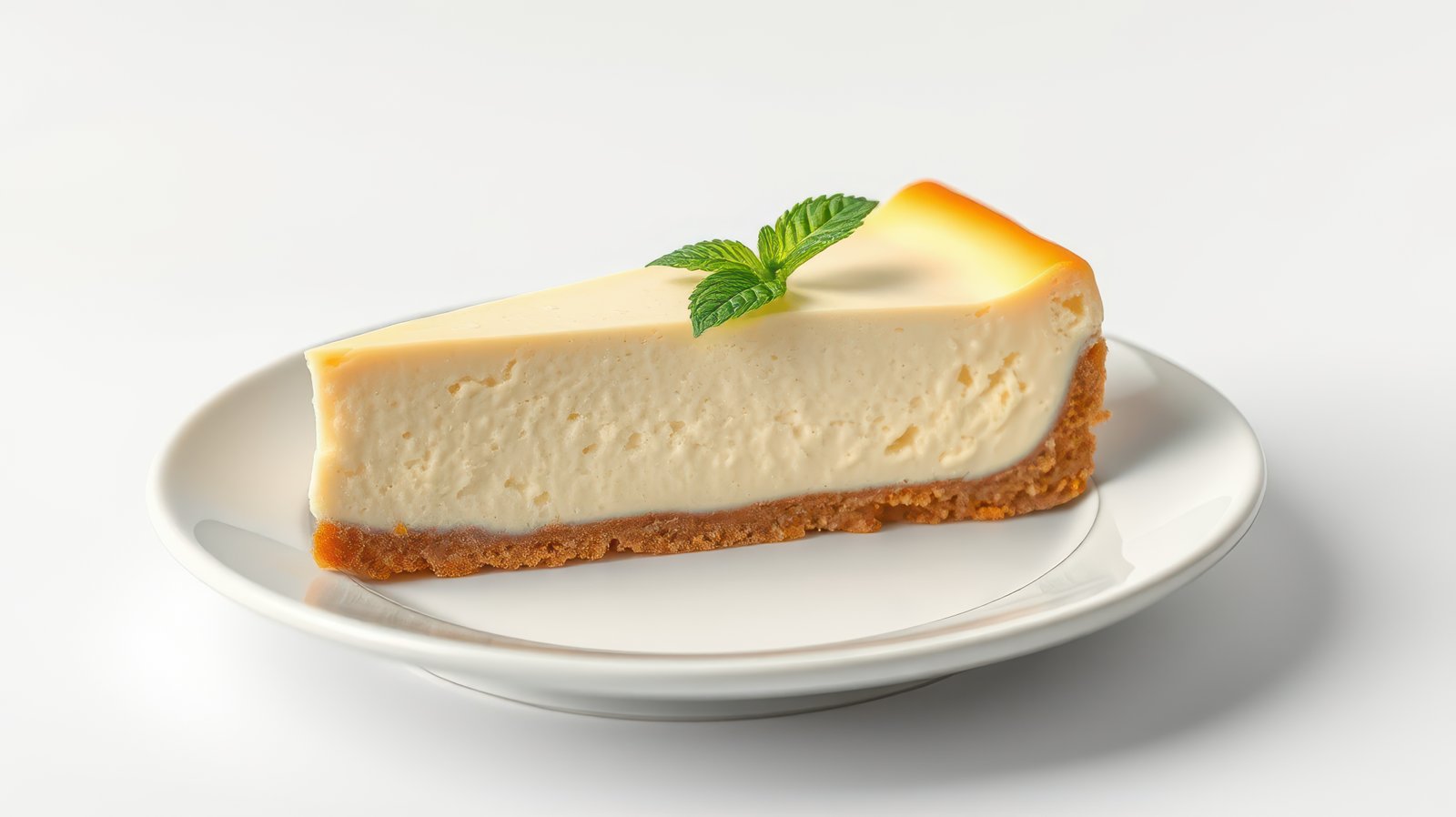 Creamy cheesecake slice on a white plate with a fresh mint garnish in a simple setting